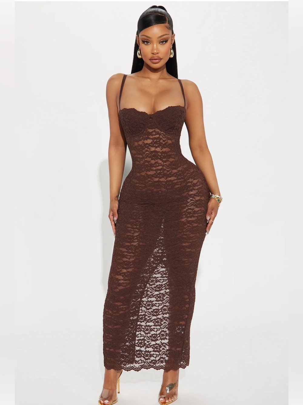 Fashion Nova Lilie Lace Maxi Dress Chocolate Brown 1X Plus Size NWOT